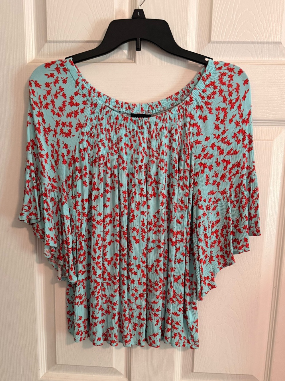 a.n.a Light Blue Pleated Blouse with Orange Floral Print